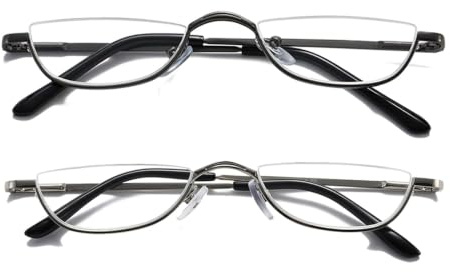 Hubeye 2 Pack Halbmond Lesebrille aus Metall für Damen und Herren Halbrahmen Lesehilfe Ultraleichte Federscharnier Schmal Sehhilfe 1.00