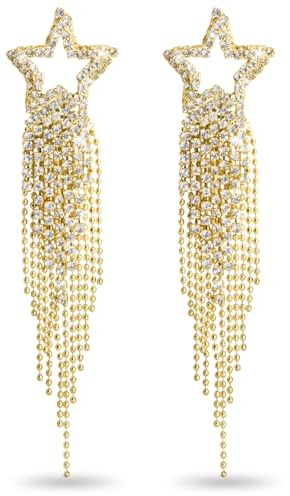 Pendientes Colgantes con Borlas, Kucheed Pendientes Colgantes con Diamantes de Imitación, Joyas Largas de Ooro con Diamantes Simulados, Pendientes de Estrella Triangular con Círculos Brillantes (A6)