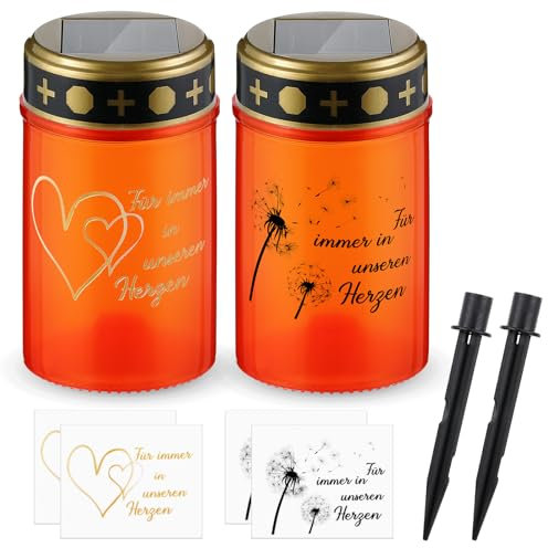 Nezyo 2 Pezzi Candele Solari per Cimitero da Esterno Lampada Commemorativa Solare Lampada da Tomba Luci per Tomba Candele Cimiteriali Impermeabili (Rosso, Dente di Leone e Cuore)