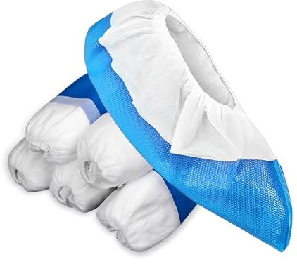 Jicyor 50 skoskydd, engångsöverdrag, återanvändbara skyddsskor, CPE + PP-överdrag, skoskydd, överdrag, halkfritt, vattentätt, blå/vitt, elastiskt skoöverdrag för alla storlekar