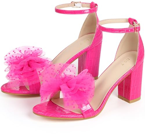Perphy Women Polka Dots Stone Printed Ankle Strap Chunky Heel Bow Sandals | 3.3-inch heel. Open toe. Mesh upper. ABS outsole. Party style. Chunky heel. Ankle strap. Bow detail
