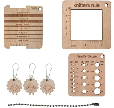 Colcolo Strickmaß-Lineal-Set aus Holz, 3-teilig, Maschenmarkierer, glatt zum Stricken von Pullovern, kompakter Zählrahmen, Lineal, Häkelnadelbrett, 7 Stück