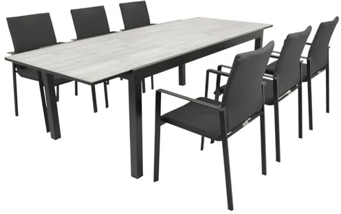 DEGAMO Gartengarnitur Sitzgruppe FARO 7-teilig (6X Stapelsessel aus Aluminium anthrazit sowie 1x Ausziehtisch Aluminium + Glas in Keramikoptik 180/240x100cm), Outdoor
