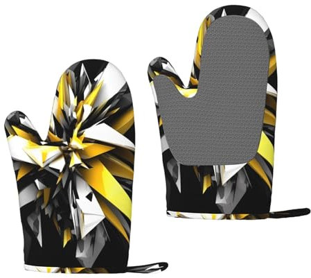 Abstract Black White Yellow Oven Mitts Set of 2 Heat Resistant Silicone Oven Gloves with Soft Lining Non-Slip Kitchen Cooking Mitt Long Waterproof Potholders Kitchen Essentials