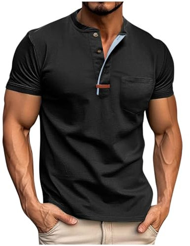 T Shirt Herren Kurzarm Tshirt Henely Retro Herren-T-Shirt mit Tasche Kurzarmshirt Sommer Männer Arbeitstshirts mit Knopfleiste Sommershirt Fashion Freizeit Bekleidung Prime Schwarz M