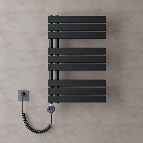 doporro Radiatore Elettrico da Bagno 76x50 cm 600 W con Termostato Digitale | Colore Nero, Acciaio al Carbonio, Temperatura Regolabile, Montaggio a Parete, Funzione Portasciugamani, Componenti Regolabili
