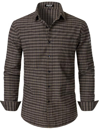 JEMITOP Herren Übergangshemd Slim Fit Langarm Button Down Hemd Business Casual Kleid Hemden mit Tasche, Braunes Gingham, L