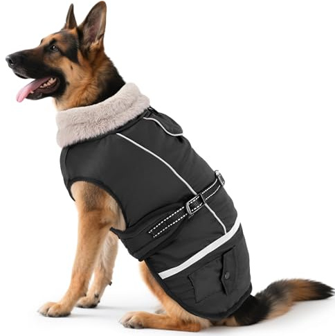 Woiil Hundemantel Winter, Hundemantel Wasserdicht für Grosse Hunde mit Verstellbaren Schultergurten, Hundejacke aus Fleece, Reflektierende Streifen, Geeignet für Deutsche Schäferhunde (XXL,Schwarz)