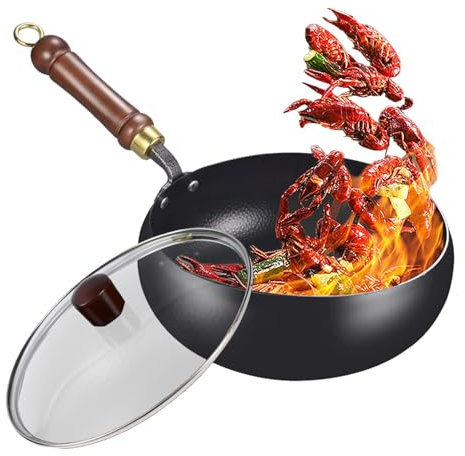 Generico Wok Tradizionale In Ferro Con Coperchio Incluso - Padella Antiaderente Naturale Senza Rivestimento Chimico - Per Cucina | Ristorazione | Campeggio | Ideale Per Frittura | Saltati E Griglia