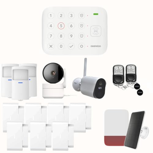 Daewoo Vigilia VIG104 - Sistema wireless e senza abbonamento, compatibile con animali, sensori e sirena solare inclusi + telecamere di sorveglianza Full HD, applicazione inclusa