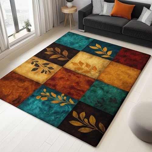Alfombra para salón lavable de pelo corto, mullida y antideslizante para dormitorio, comedor, alfombra duradera, arte popular tradicional, hojas de retales, multicolor, 80 x 150 cm