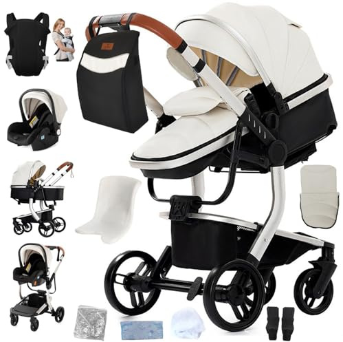 Cochecito 3 en 1 Compacto Plegable con Asiento Convertible,Blanco
