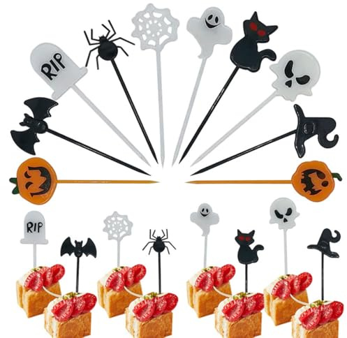 KEQAR 40 Piezas Palillos Decorativos de Halloween, Fantasmas, Murciélagos, Arañas y Calabazas para Fiestas, Cóctel con Diseños Espeluznantes, Decoración de Pasteles, de Plástico para Frutas y Postres