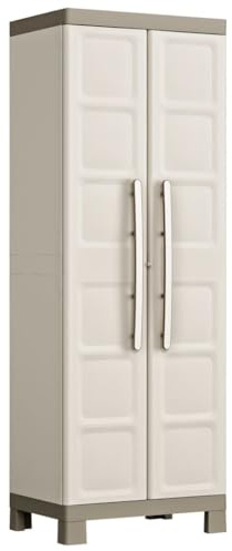 QJBSAVVA Aufbewahrungsschrank mit 4 Einlegeböden und abschließbaren Türen, Lagerschrank für Garage Keller Waschraum, Organizer Schrank aus Polypropylen in Beige/Taupe, 65x45x182 cm (BxTxH)