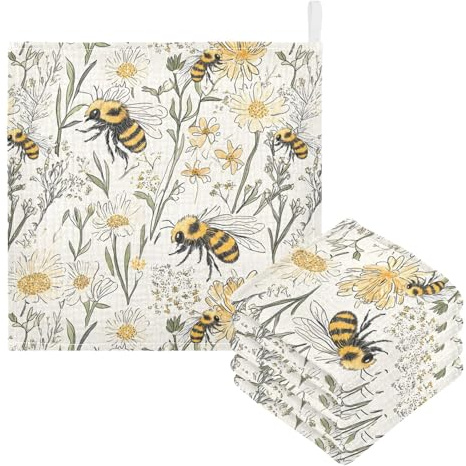 Bolaz Washcloths Set Bathroom Kitchen Wash Cloths Face Towels Wipes Vintage Bee Decorative 12x12 Inch 5 Pack
