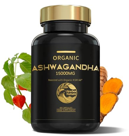 NewSea Nature Organic Ashwagandha KSM-66 15000mg - Easy to Swallow - Ashwagandha Supplement for Men & Women - Vegan, Non-GMO & Turmeric 500mg and Black Pepper 35mg-60 Capsules