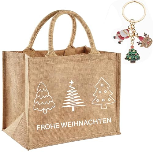 Weihnachten Jutetasche und Schlüsselanhänger Weihnachten Geschenk Verpackung Beutel Tragetasche Handtasche Stofftasche Frohe Weihnachten Geschenk für Frauen Freundin Mama Kollegin zum Weihnachten