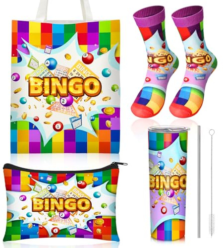 Geiserailie 4 Pcs Bingo Game Gifts for Women Include 20 oz Stainless Steel Tumbler with Lid and Straw Cosmetic Bag Novelty Crew Socks Tote Bag for Women Bingo Lovers