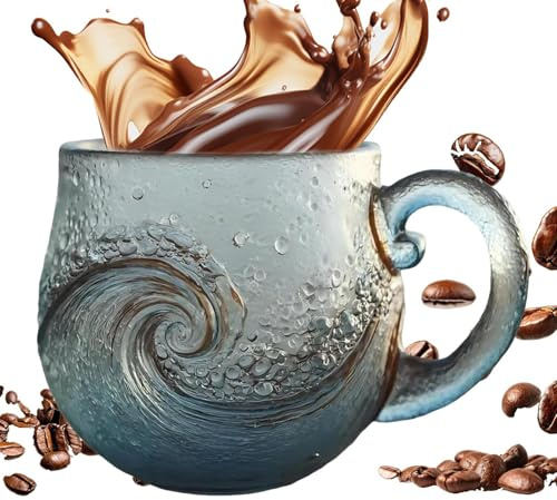 Siuwddee Sea Glass Wave Becher,300 Ml Wellenbecher Aus Seeglas Durchsichtige Gl-as Kaffeetassen Handgefertigtes Thema Kaffeetasse Mit Griff Kaffee, Trinkgefäß Für Kaffee, Wein Und Eisgetränke