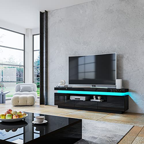 TV Lowboard Schwarz Hochglanz mit LED Beleuchtung, TV Schrank mit Stauraum, 5 Schubladen & Offenem Fach, Fernsehschrank für Fernseher von 32–65 Zoll, TV Möbel mit Kabelmanagement für Wohnzimmer