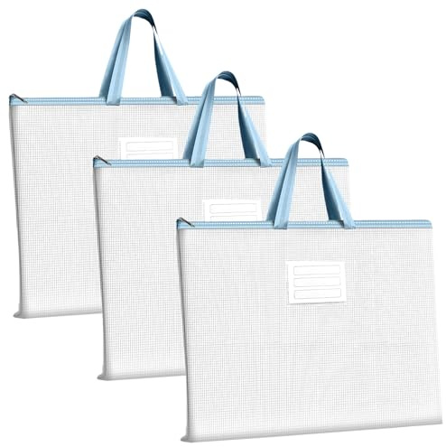 JIESHEPR 3Pcs A3 Art Folder with Handle and Zipper, Waterproof A3 Portfolio Folder for Posters and Drawings, Mesh Storage Bag, Diamond Art Carry Case for Students and Artists