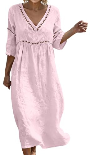 Générique Robe Coton Lin pour Femme Été Fluide Manche 7/8 Chic et Elegant Robes Col V Décontractée Grande Taille Robes Couleur Unie Respirant D'été Boheme de Plage Vacances Maxi Dress