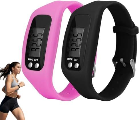 Schrittzähler Uhr und Fitness Tracker zum Gehen, Digitale Schrittzähler Uhr mit Aktivitätstracker, Wasserabweisende Fitnessuhr für Damen Herren, 2er-Pack Schwarz und Rosa Tracker Band