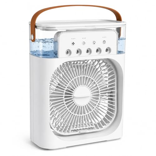 Mini Air Cooler Fan with Water Tank, Portable USB Air Conditioner, 3 Speed Cooling Fan with Timer & LED Light for Bedroom, Office & Desktop, White