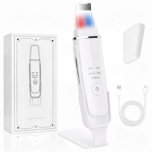 Peeling Ultrasónico Facial, Skin Scrubber Limpiador Ultrasonidos Facial con 4 Modos Luz Roja y Azul, Limpiador Ultrasonidos Facial, Limpieza Profunda Eliminación de Puntos Negros Exfoliación Suave