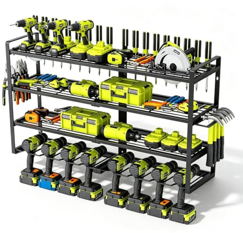 4 Tier Power Tool Organiser Wall Mounted, Heavy Duty Iron Wire Storage Rack | Black Garage Tool Shelf with Drill Holders for Workshop Shed, Space-Saving Utility Rack, 81x20x41cm