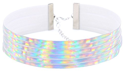 Damen Choker-Halskette, mehrreihig, holografisch, breit, weiß, Einheitsgröße
