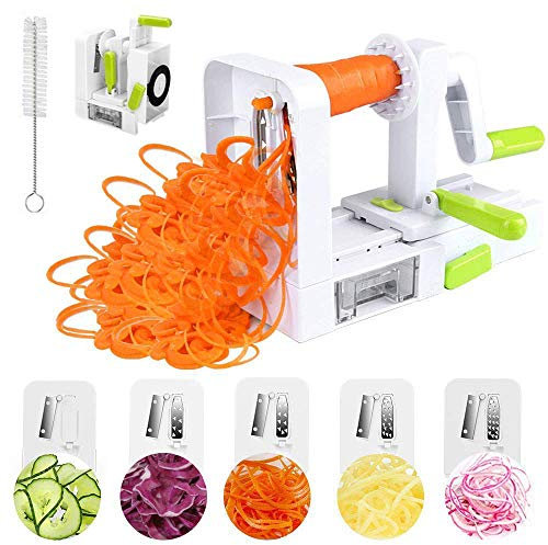 Cortador Verduras Espiral Espiralizador Vegetal con 5 Cuchillas y Cepillo de Limpieza para Cortar Verduras en Espiral, Juliana, Espaguetis, Tallarines, Cintas
