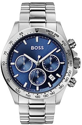 BOSS Herren 43mm Chronograph Quarz Uhr Hero Kollektion mit Silbernem Edelstahlarmband, Blauem Zifferblatt, Datumsfunktion, 3 Sub-Dials, Wasserdicht bis 5ATM - 1513755