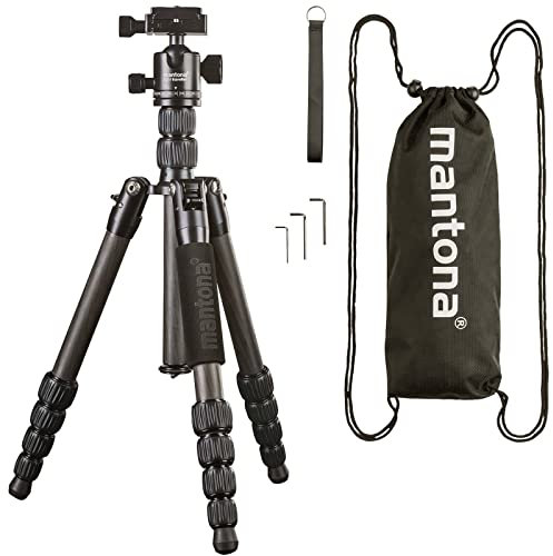 mantona Trépied de Voyage Light Traveller, Carbone Ultra léger I Trépied Compact pour Appareil Photo, rotule + Plaque Interchangeable (Compatible Arca Swiss), Panorama à 360 °, trépied et Monopode,