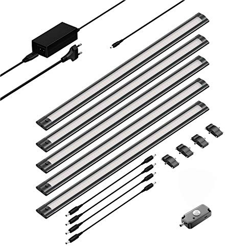 ledscom.de 5er Set LED Unterbau-Leuchte SIRIS schwarz matt mit Bewegungsmelder, flach, je 50cm, je 655lm, weiß