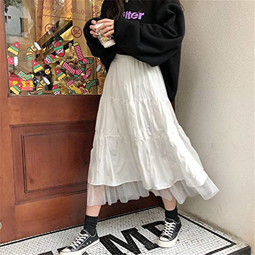 Mfacl Maxi Rock flaumig Röcke für Frauen - Lange Tüll Midi Röcke Frauen Herbst Elastische Hohe Taille Mesh Plissee Röcke Weibliche Lange Rock Schwarz Weiß (Color : White, Size : M)