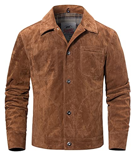 FLAVOR Men's Suede Leather Jacket Trucker Coat. (Medium, Brown)