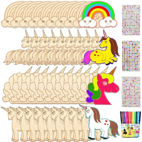 Mecctuck Einhorn Bastelset, 40 Stück Bastelset Kinder, Deko Kindergeburtstag, Holz Basteln mit Diamant Abziehbilder Stift Glitzerband, Holz Einhorn Basteln für Kinder DIY Party Hochzeit