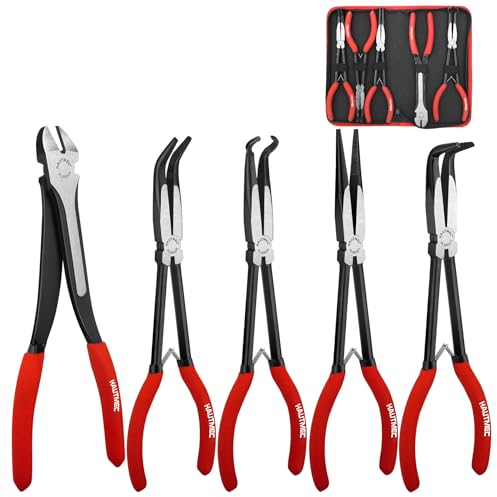 HAUTMEC 5Pcs 11Inch Heavy Duty Long Reach Pliers Set, Spring Loaded, Including Diagonal Cutting Pliers, Hose Gripping Pliers, Straight and 45/90 Degree Bent Long Nose Pliers HT0316