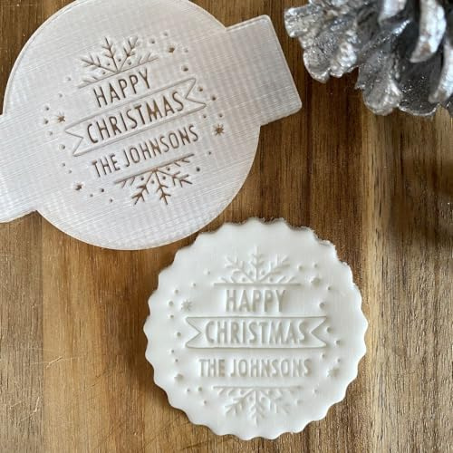 Luck and Luck Personalised Happy Christmas Family Surname Fondant Embosser, Custom Cookie Biscuit Stamp, Festive Cake Decorating, Cupcake Icing Decoration