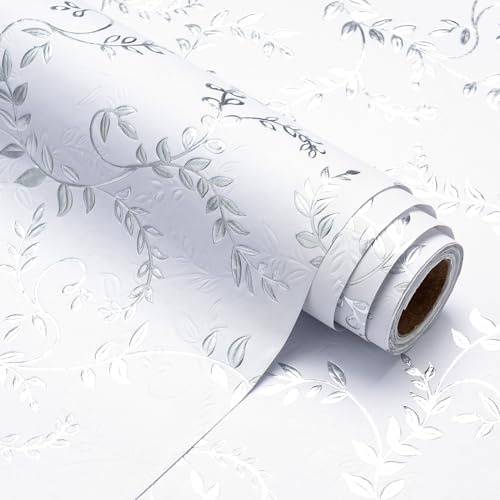WRAPAHOLIC 3D-Geschenkpapierrolle aus Kraftpapier, Mini-Rolle, 43,2 x 4,5 m, silberfarbene und weiße Blätter-Design mit geprägtem Muster, perfekt für Geburtstag, Urlaub, Hochzeit, Babyparty