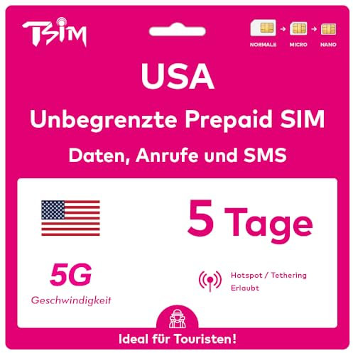 USA SIM Card for Travel to the USA. PrePaid. T-Mobile network with Unlimited Data, Calls and Texts. New Upgraded 5G SIM Card! (5 Day)