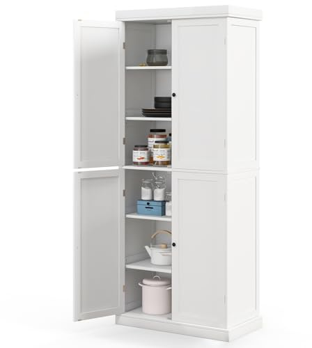 GIANTEX Armario de Suelo con 4 Puertas, 76 x 40 x 184,5 cm, Mueble de Almacenamiento con 6 Estantes Inferiores, Kit Antivuelco, Armario Alto para Cocina, Salón, Baño (Blanco)