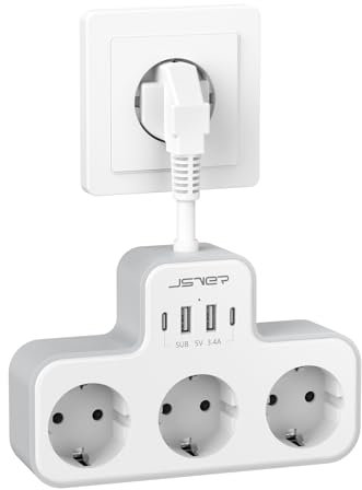 JSVER Regleta Enchufe de 3 Tomas Con 4 Puertos USB (2 A, 2 C) - Ladrón Enchufes Eléctrico (3680W 16A) Para Hogar, Oficina y Viajes - Blanco