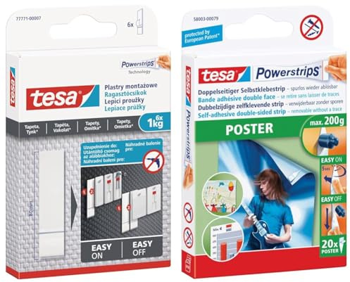 tesa Powerstrips Tapete&Putz - doppelseitige Klebestreifen für Tapete und Gips & Powerstrips POSTER - Doppelseitige Klebestreifen für Poster und Plakate
