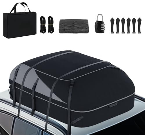 Auto Dachbox Faltbare Wasserdicht 1000D mit 10 verstärkte Gurte, 6 Türhaken, für Reisen und Gepäcktransport,für alle Fahrzeuge mit/ohne Gepäckträger21Kubikfuß（Grau/Schwarz）