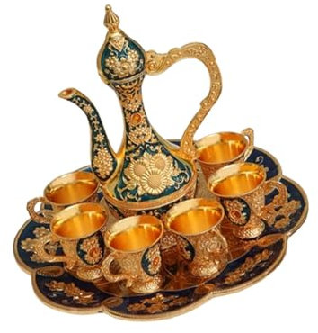 Baoblaze Ensemble de théière à café Turc Ensemble de Service à thé Cadeaux de décoration d'intérieur de Luxe Ensemble de Tasses à thé avec 6 Tasses à café pour, Bleu
