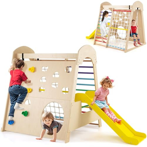 GYMAX 8 in 1 Kids Climbing Set, Wooden Toddler Climber Playset with Slide, Climbing Rock/Net, Ladder, Crawling Hole, Swing and Monkey Bars, Indoor Children Playground for 3+ Years Old (Colorful)