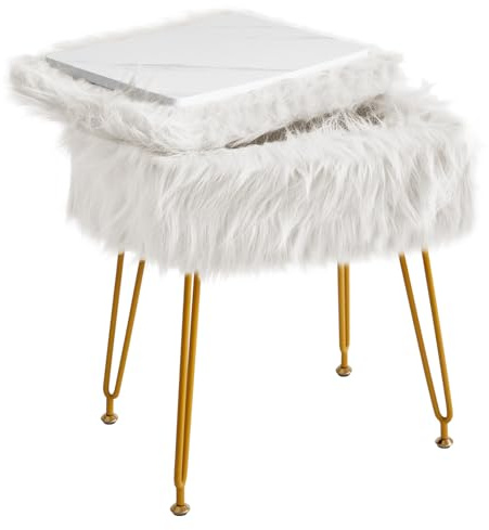 IBUYKE Rektangulär Faux Fur Vanity Stool med Förvaring, Vit WBD022W