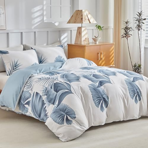 Lekesky Bettwäsche 200x200 3teilig + 2 Kissen 80x80, Blaue Palmblatt | 1 Bettbezug 200x200, 2 Kissenbezüge 80x80 mit Reißverschluss, Bedding mit Reißverschluss, Mikrofaser Maschinenwaschbar